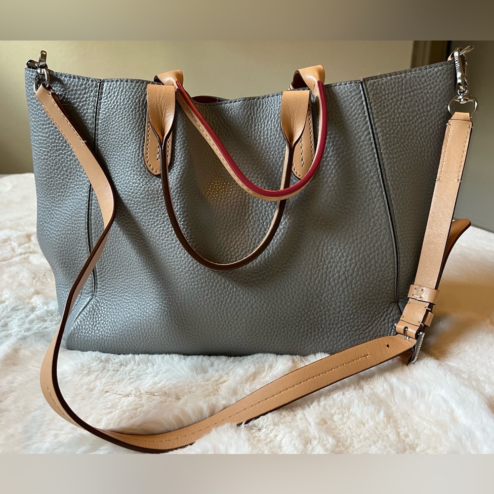 Cole Haan Crosby Gray Leather Tote Bag with hot pink interior, neutral straps